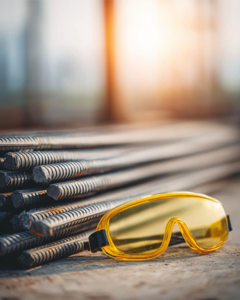 Barres d'armature et lunettes de sécurité sur chantier Lunettes de sécurité jaunes posées sur un tas de barres d'armature métalliques rouillées sur un chantier de construction ensoleillé.