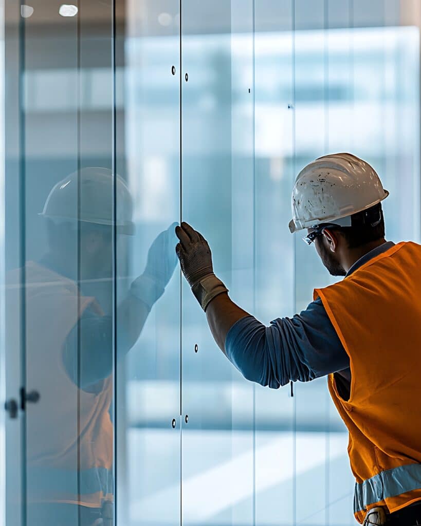 Ouvrier en bâtiment inspectant façade vitrée | Installation verre Ouvrier en casque blanc et gilet orange inspecte une grande façade vitrée moderne, son reflet est visible dans le verre.